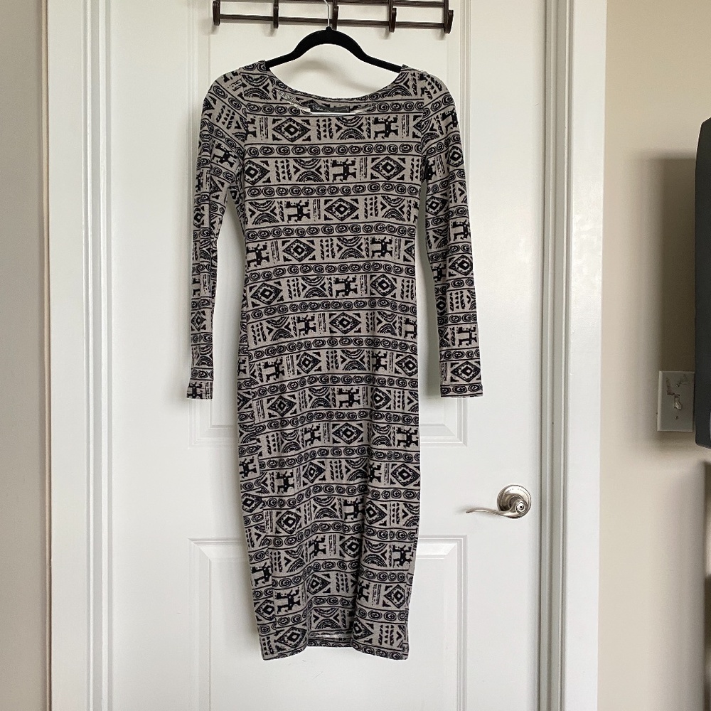 Black Grey Aztec Long Sleeve Fitted Tight Dress